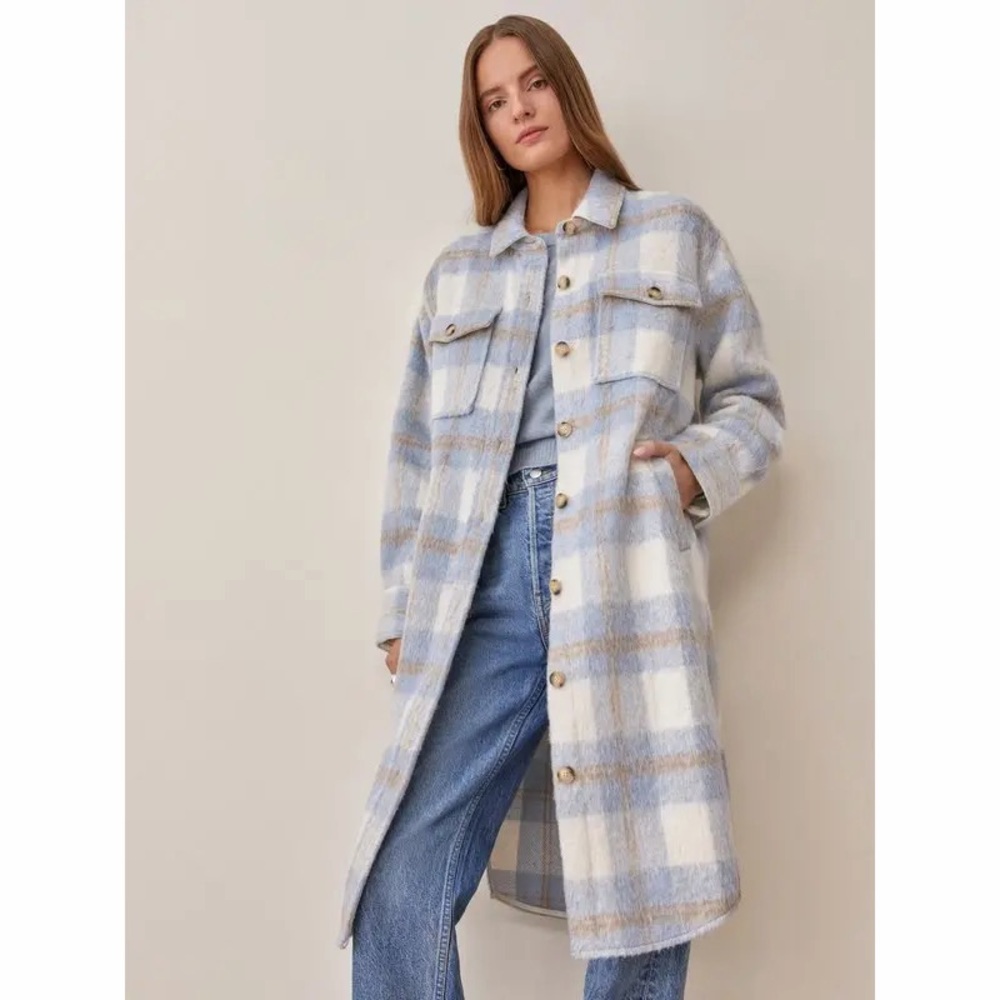 Reformation Ainslie Blue Plaid Wool Shacket Coat Button Front Womens Size S
